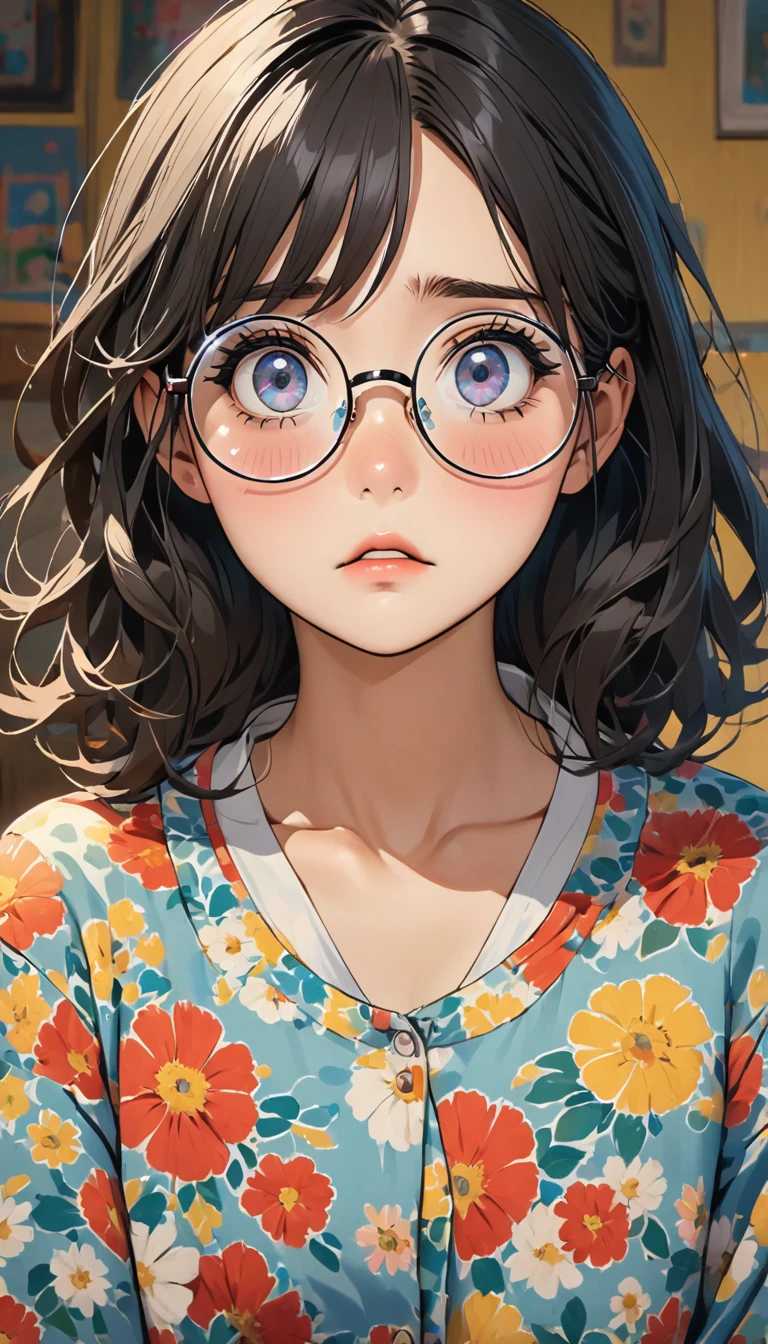 A lazy girl with dark circles under her eyes, nervous and a little fat,circle-glasses