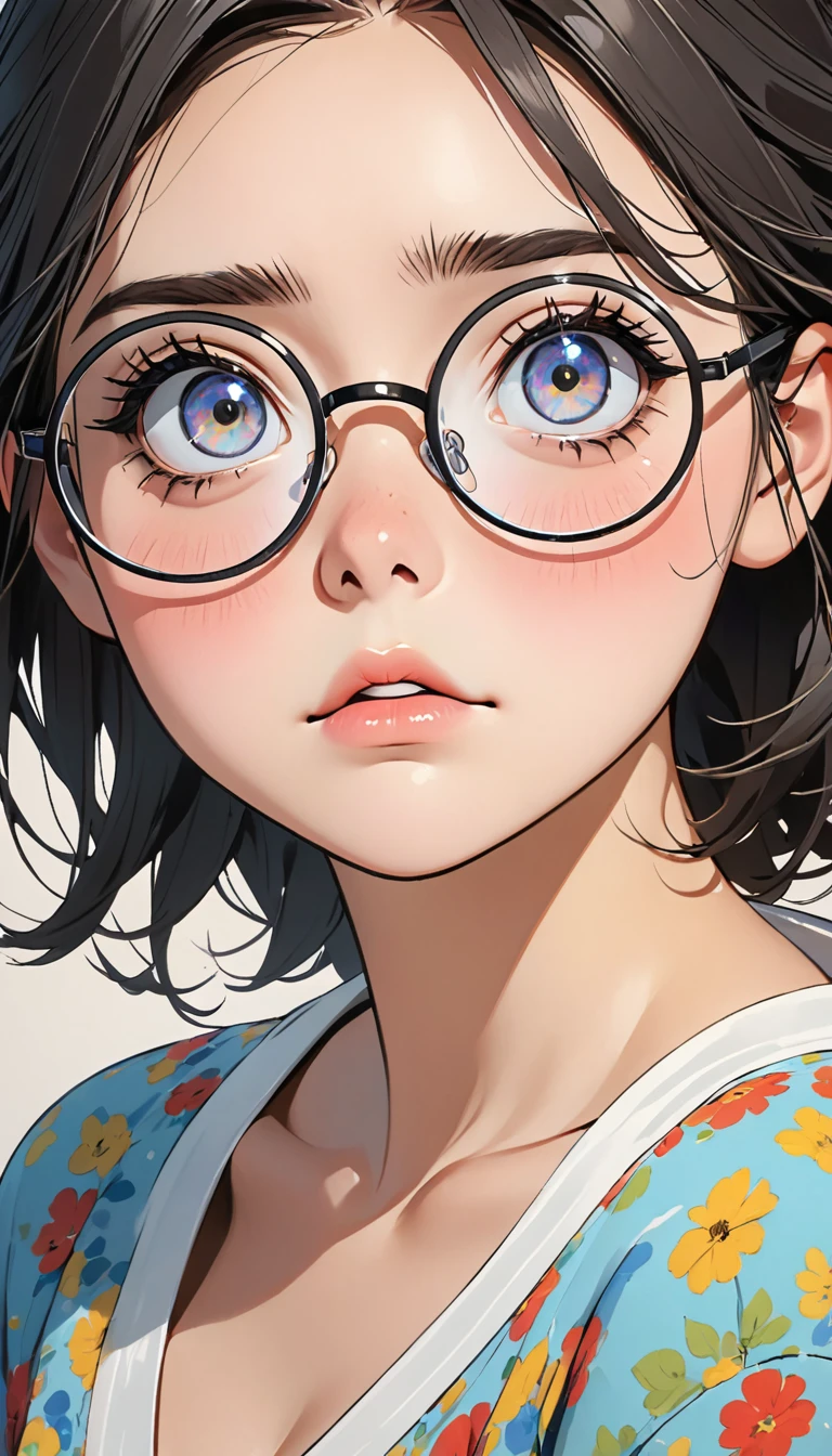A lazy girl with dark circles under her eyes, nervous and a little fat,circle-glasses
