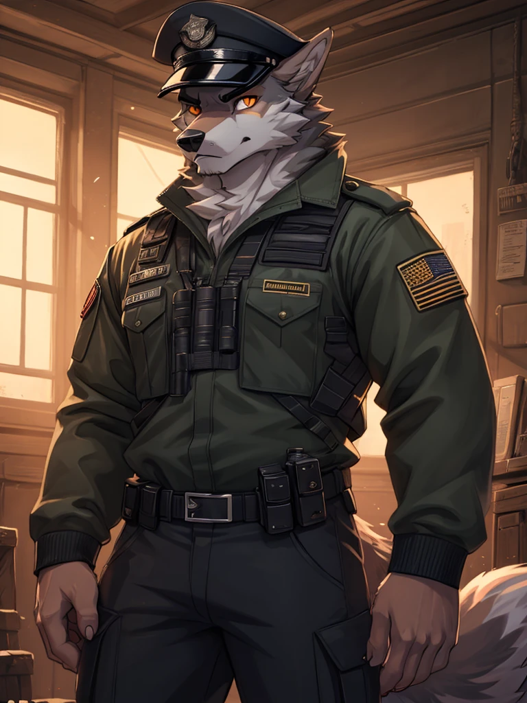 high quality, best quality masterpiece, the best definition add_detail:1 aesthetic and lighting details Wolf male military officer, decorated techwear clothing with officer hat, mature muscular male, outline of male genitalia in pants, serious intense expression, menacing threatening, thick body, dark gray fur, apocalypse landscape, body with tattoo, detailed eyes, pupila amarilla orange eyes add_detail:1