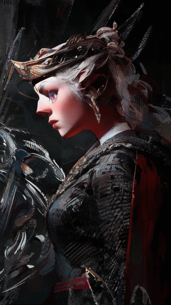 Beautiful albino woman with detailed braided medieval hairstyle (updo) (white hair), wearing detailed medieval gown (red and black colours), with gold accessories and gold tiara, medieval queen, medieval woman,queen,game of thrones style,daenerys targaryen style, high quality, very detailed,hd quality, masterpiece