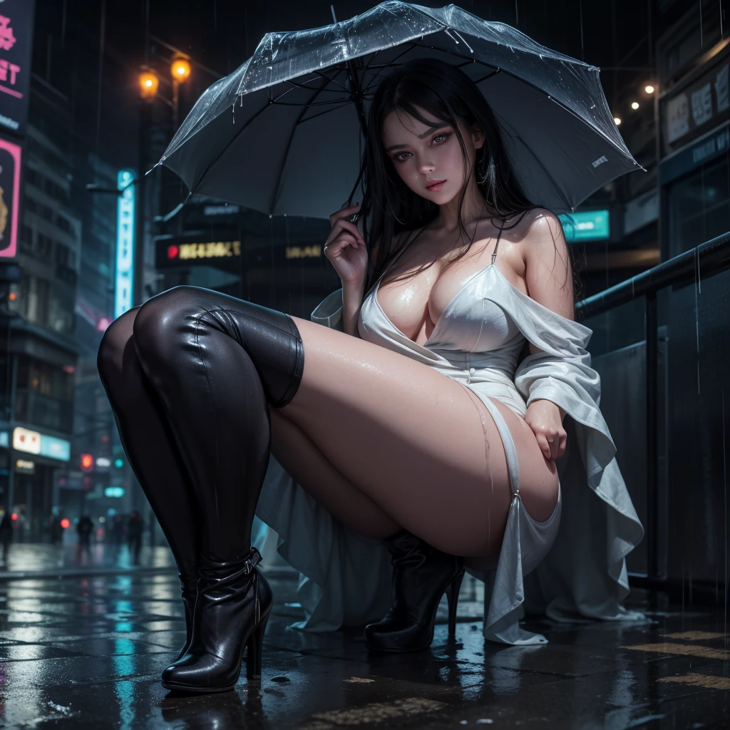 brunette Moscow woman in the rain completely wet, she is wearing a long loose white dress with straps totally wet from the rain, long wet black hair. Nice detailed face, big eyes. Sensual body, curvy body, high heels. detailed. Cyberpunk city raining. Whole body. (1 woman)
