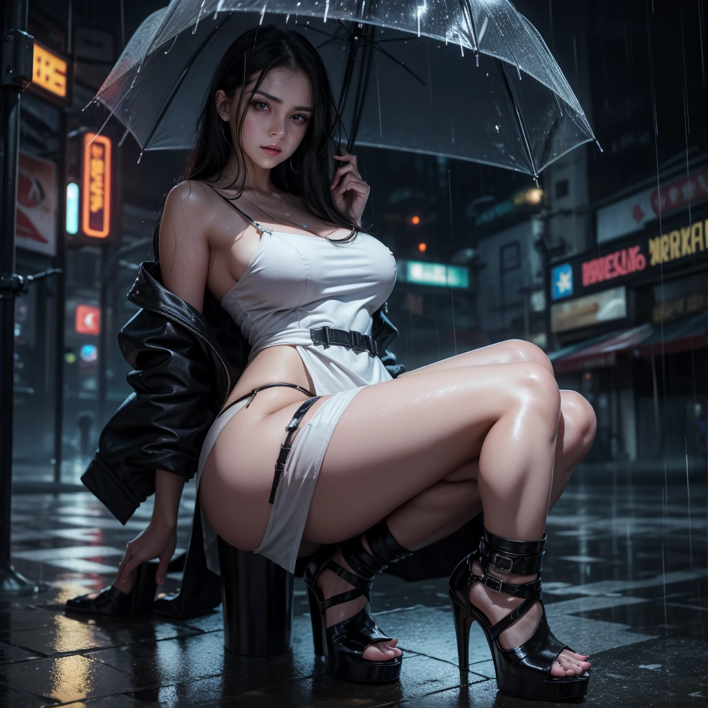 brunette Moscow woman in the rain completely wet, she is wearing a long loose white dress with straps totally wet from the rain, long wet black hair. Nice detailed face, big eyes. Sensual body, curvy body, high heels. detailed. Cyberpunk city raining. Whole body. (1 woman)
