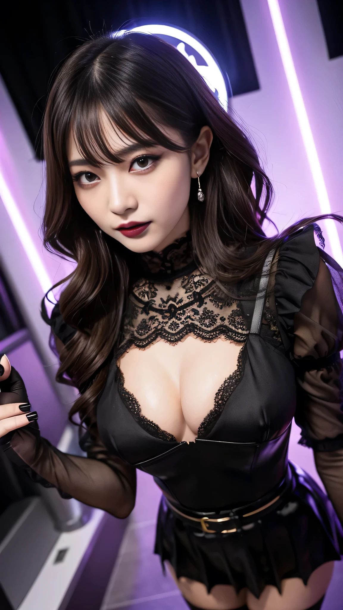 best quality、ultra-detailed、8k、Japanese、Japanese、Seductive beauty、seductive adult woman、Pretty Woman、cool girl、smirk、Wicked Smile、Villainess、brainwash makeup、Brainwashed、brainwash、Fallen into evil、Evil look、evil、Brown hair、wavy hair、swept bangs、dark makeup、piercing eyes、hollow eyes,half-closed eyes、Hollow Eyes、purple Eyeshadow、black lipstick、black lipglos、black elegant dress、wide sleeve、Black flared skirt、lace fabric gloves、Beige Stockings、skin color pantyhose、night、inside darkroom、lipstick、Holding a needle、Are standing、Look、Offer、shoot from below、Swear allegiance、I have pledged my allegiance、Female Combatant、Evil female executive、brainwashing、Fallen into evil、Fall into Darkness