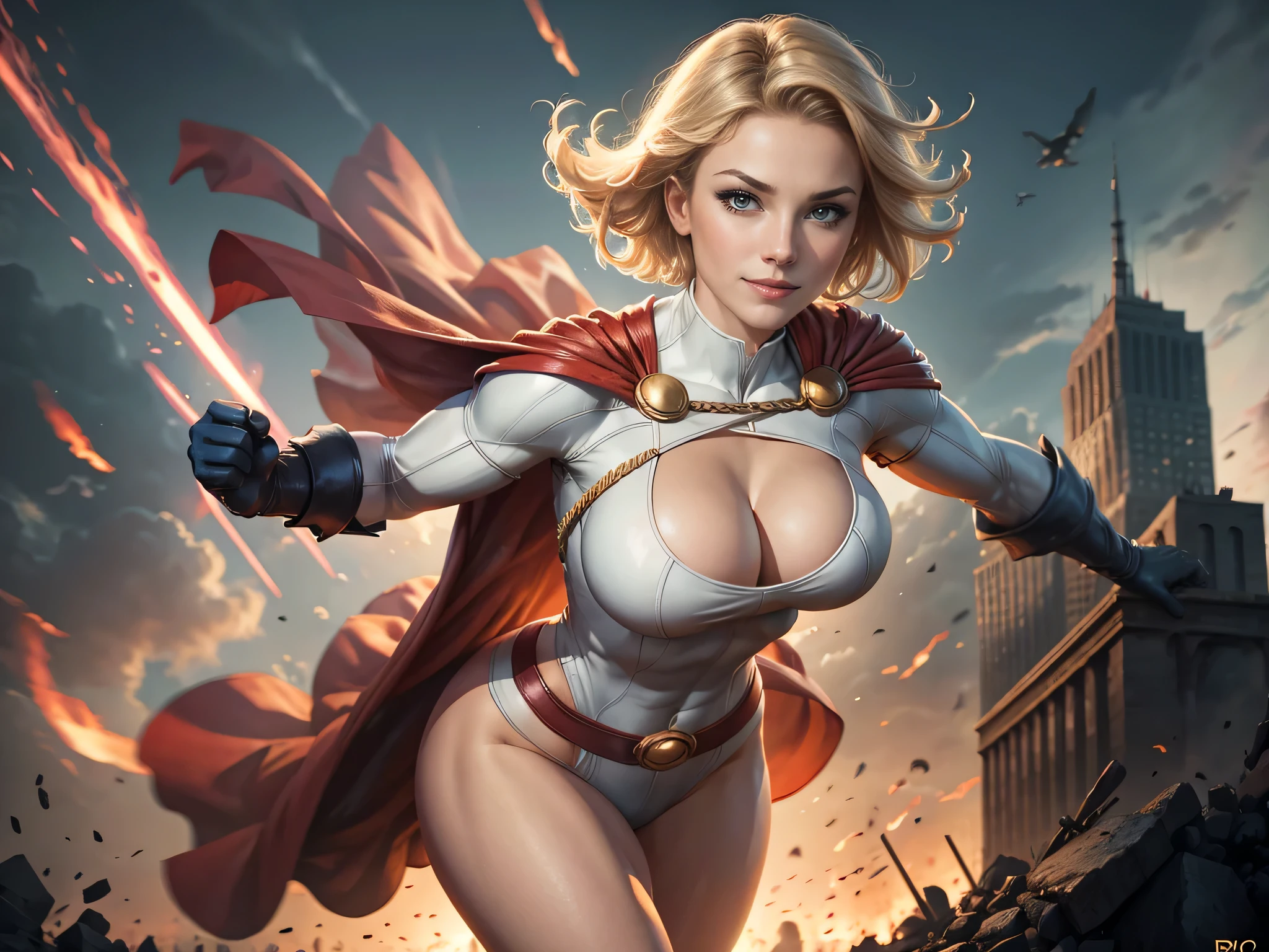 Power Girl da DC Comics,(best qualityer,4K,8k,high resolution,work of art:1.2)(weather: windy),battle ruins,Gotham,short hair,ultra detailed,realisitic,portraite,beautiful detailed blue eyes,beautiful detailed lips,bodycon skirt,striped panties,uncovered belly,extremely detailed eye and face, long eyelashes,sexly,average,large breasts,cleavage,flying hair,gloves,beaming smile,powerful girl in a battle,combat pose,stunning curves,bright coloured,dramatic lighting,battle background,composition,red cape,