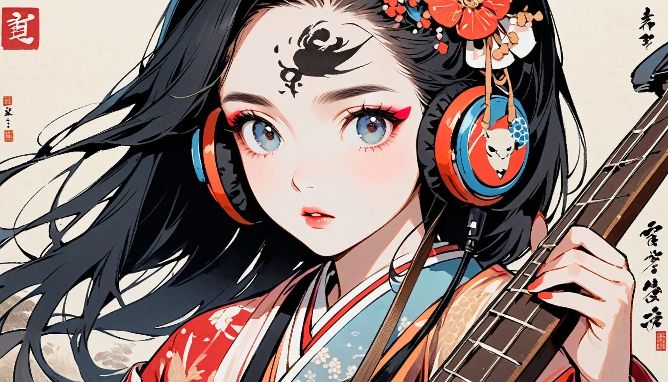 (((Ink Painting))), Fashion portrait color photos, (((1 girl))), (((Playing electric bass))), (((Tattoo in the center of the forehead))), (((Very flashy hair accessories))), (((Very flashy makeup))), Japanese style headphones, front view, Japan人の美少女, Black Hair, Delicate and precise, Modern ukiyo-e style,Japan, Droopy eyes, round face, Fuller lips, pink