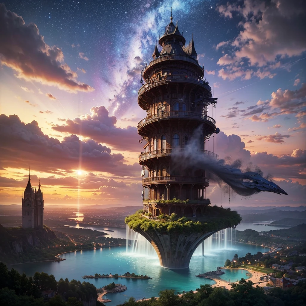 (8k, highest quality, masterpiece, final fantasy style: 1.2), (unRealistic, photoRealistic: 1.37), Dreamy landscape, Fantasy, Unsurreal landscapes, Super detailed, Flying Castle, Floating Island in the Sky, Seven-colored swirl of light, Intense lightning, milky way, Complex Light, Colored light, Large Lake, Starry sky reflected on the lake surface, Countless shining stars, Meteors, Reflections , (A pillar of light emanated from the ground:1,2),heavenly roses and orchids gardens on the ground , sunset, pink clouds, waterfall in the sky, realistic style, Hyperrealism drawing, a flying pirate spaceship floating at the clouds level, burning skyscrapers, cyborgs,