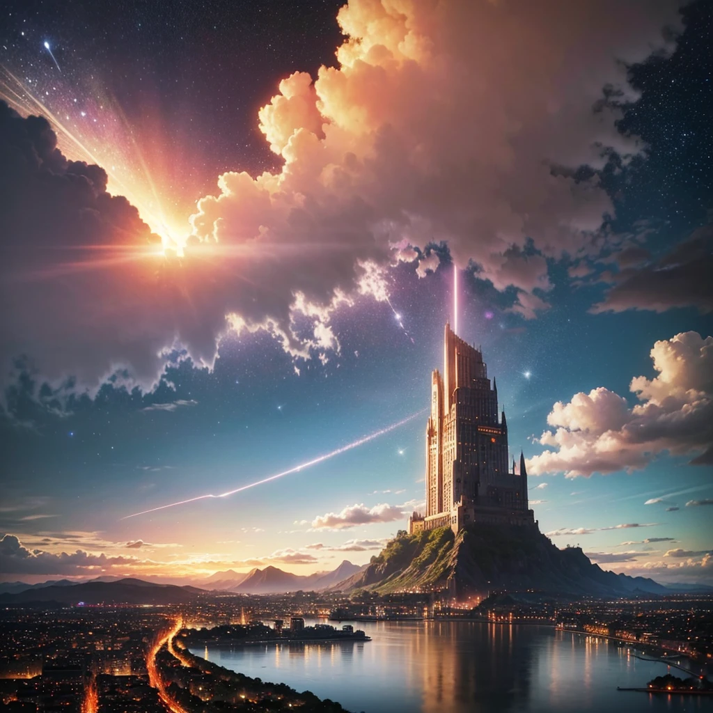 (8k, highest quality, masterpiece, final fantasy style: 1.2), (unRealistic, photoRealistic: 1.37), Dreamy landscape, Fantasy, Unsurreal landscapes, Super detailed, Flying Castle, Floating Island in the Sky, Seven-colored swirl of light, Intense lightning, milky way, Complex Light, Colored light, Large Lake, Starry sky reflected on the lake surface, Countless shining stars, Meteors,  Reflections , (A pillar of light emanated from the ground:1,2),heavenly roses and orchids gardens on the ground , sunset, pink clouds, waterfall in the sky, realistic style, Hyperrealism drawing, a flying pirate spaceship floating at the clouds level, burning skyscrapers, cyborgs, 