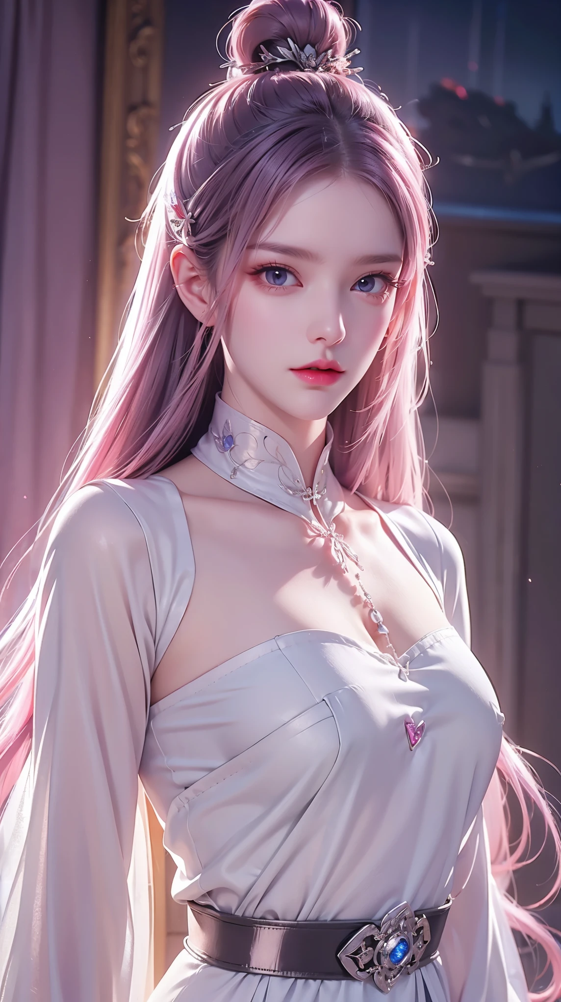 (Best quality,8K,high resolution,masterpiece:1.2),Digital Artwork, A girl，Delicate face，Delicate eyes，Pink Hair，Long and straight hair，Glowing purple eyes，Red lips，Suspenders