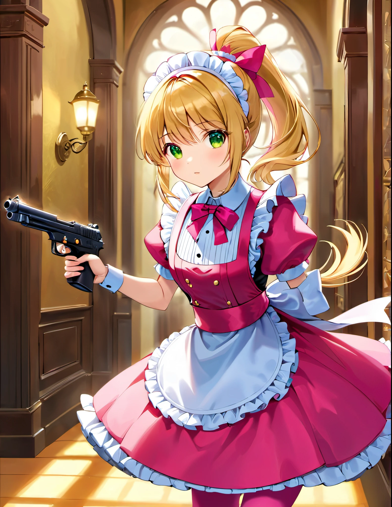 (best quality,4k,8k,highres,masterpiece:1.2),ultra-detailed, (1girl) A cute age gunslinger maid with green eyes, drawn in anime style, spiky light blonde hair in a long ponytail, victorian fashion, wearing a cute white maid dress with puffy sleeves, corset, tactical gear, light armour, petticoat, bloomers, pink pantyhose, pink tights, a frilly headband, a frilly pink apron, high-heel boots, ribbons, (perfect hands, complete fingers), (wielding a gun with one hand, Beretta 92FS, finger on trigger), steampunk style, guarding a mansion hallway, indoors, extremely detailed eyes and face,longeyelashes, volumetric lighting, cinematic lighting, protective posture, dramatic close up,highly detailed texture,intricate details.