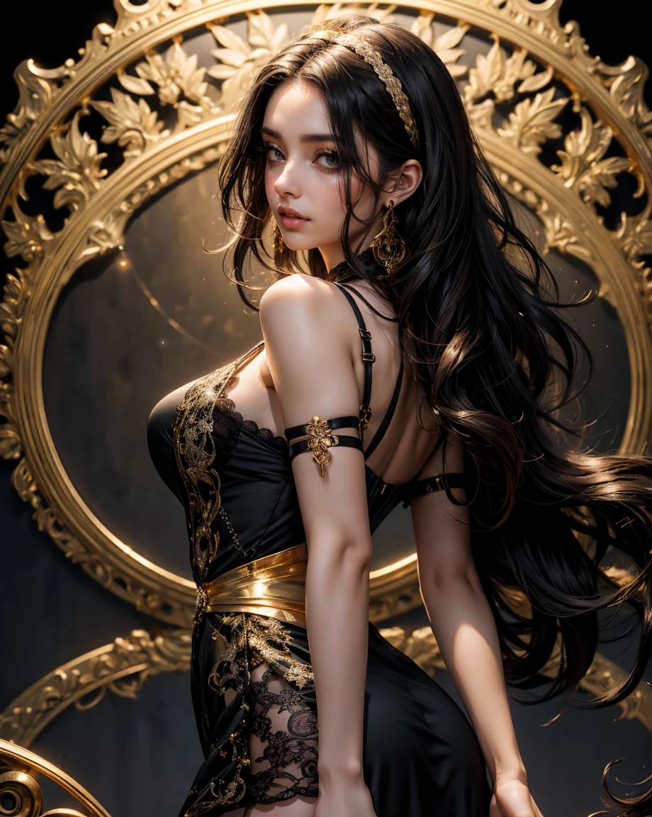 Beautiful brunette woman, 25 years old, stunning body, expressive and clear face, crystal clear eyes, full mouth, long dark curly hair tied behind her head, feshion, (((short black dress with gold details, with straps and lace))) , large breasts, gold jewelry earrings and necklace, ((intricately colored fractal background)), backlight, light falling on the hair from behind, dynamic pose, perfect hands, breathtaking image, 8k, HDR.