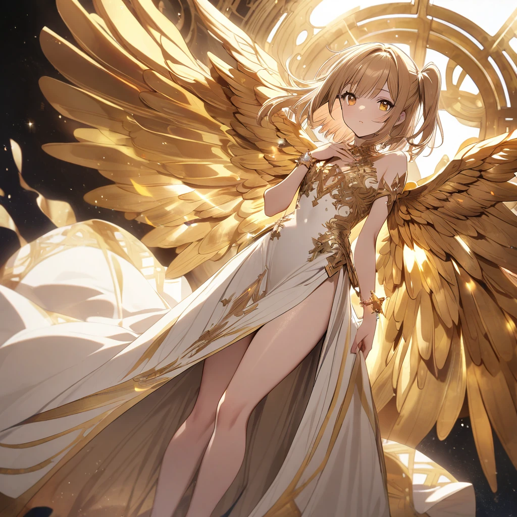 goddess(gold short hair, side-up hair, golden eyes, one-piece long dress, white high heels, golden wings, star-motif bracelet)