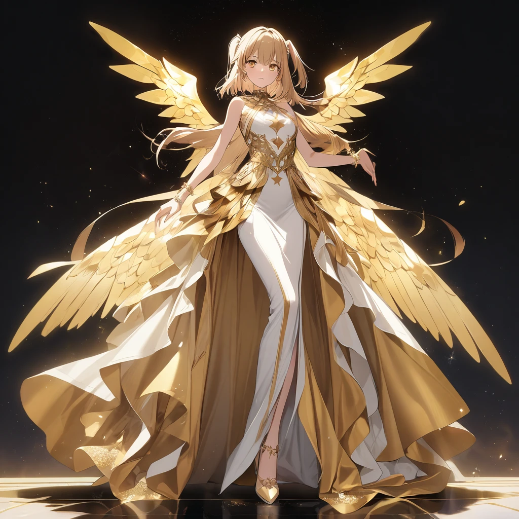 goddess(gold short hair, side-up hair, golden eyes, one-piece long dress, white high heels, golden wings, star-motif bracelet)