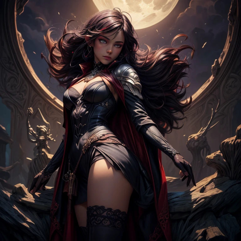 Fantasy art, Gothic art, (masterpiece:1.5), whole body, best details, very detailed, Best quality, glowing purple, a high resolution, Full-length portrait of a vampire, elf (masterpiece, Best quality: 1.6), ultra feminine, Wizard, (complex parts, masterpiece, Best quality: 1.5) with long, curly hair, light hair color, Blue eyes, (Fantasy art, masterpiece, Best quality), ((Beautiful gentle face)), Ultra detailed face (complex parts, Fantasy art, masterpiece, Best quality: 1.5), [[vampire fangs 1.5]] (red cloak: 1.3) , flowing cloak (complex parts, Fantasy art, masterpiece, Best quality: 1.3), in an intricate black dress (complex parts, Fantasy art, masterpiece, Best quality: 1.5), high heel boots, City background (rich details, play up the details), Fantasy, In the Night Light, natural ,Moonlight, clouds, Gothic atmosphere, soft light, dynamic light, [[Anatomically correct]], high detail, Best quality, 8 K, [Ultra detailed], masterpiece, Best quality, (extremely detailed), Dynamic angle