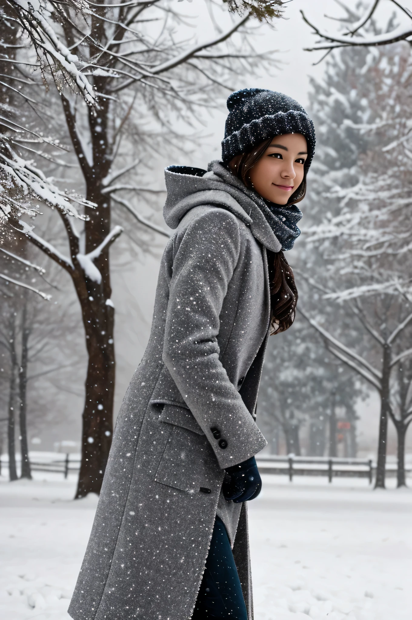 Create an image of a person standing in a gentle snowfall. The person should be dressed warmly in winter attire, such as a coat, scarf, and gloves. Snowflakes should be softly falling around them, and the background should show a wintery landscape with snow-covered trees or buildings. The mood of the scene should be peaceful and serene, capturing the beauty and tranquility of a snowy day.