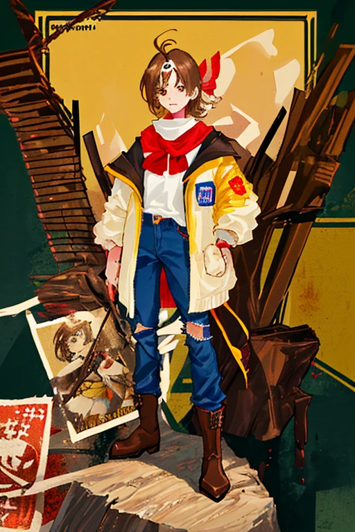 my character is an 8 year old boy he has: Brown eyes.
brownhair, short and straight.
He wears a yellow bow in his hair and a red bandana on his forehead..
Wear a brown jacket, leather boots and blue jeans.
Your clothes are full of Japanese stamps.
Height of a normal 8 year old .