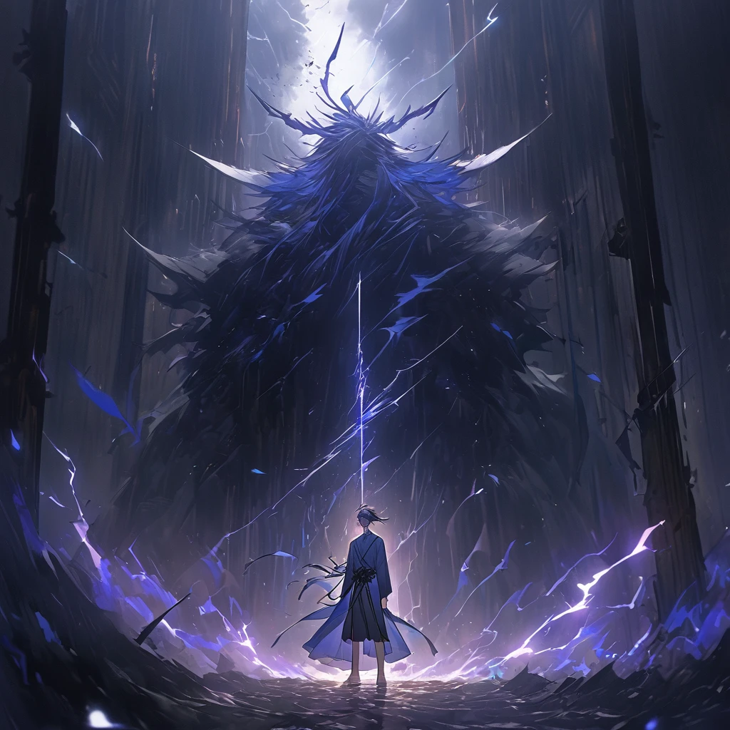 (4k Wallpaper) (best qualityer) (super verbose), A tall, slender Elf Boy, God of storms, He has navy blue hair tied in a Samurai Bun at the back of his head., Bright Violet Eyes, He wears a blue Kimono full of stylish details, He is standing raising a Luminescent sword to the heavens enveloped in lightning and thunder, the Environment he is in is a Lonely dimension with a Traditional Japanese Gate behind him, Blue petals slowly falling on the scene, in the sky above him a lightning storm happens, He has a smile on his face in a Maleficent way, detailed and beautiful eyes.