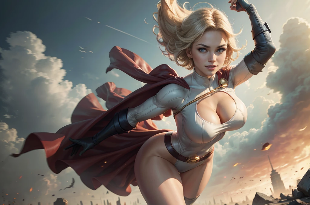 Power Girl da DC Comics,solo girl,(best qualityer,4K,8k,high resolution,work of art:1.2)(weather: windy),battle ruins,Gotham,short hair,ultra detailed,realisitic,portraite,beautiful detailed blue eyes,beautiful detailed lips,bodycon skirt,striped panties,uncovered belly,extremely detailed eye and face, long eyelashes,sexly,average,large breasts,cleavage,flying hair,gloves,beaming smile,powerful girl in a battle,combat pose,stunning curves,bright coloured,dramatic lighting,battle background,composition,red cape,