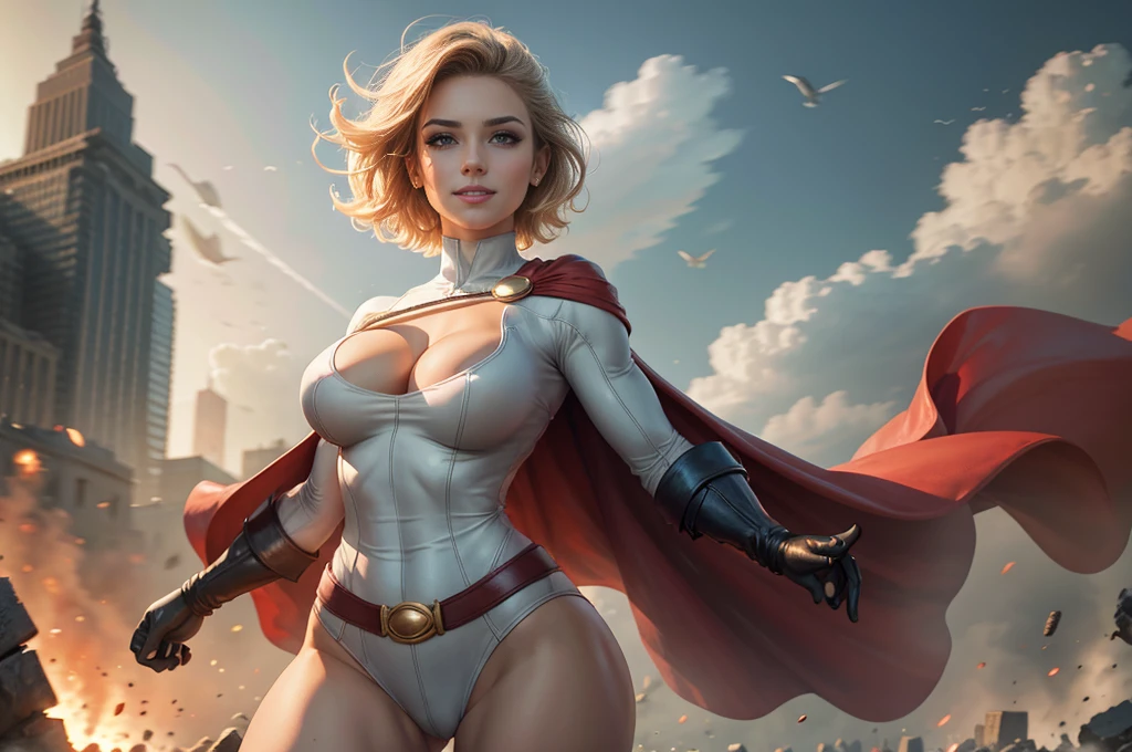 Power Girl da DC Comics,solo girl,(best qualityer,4K,8k,high resolution,work of art:1.2)(weather: windy),battle ruins,Gotham,short hair,ultra detailed,realisitic,portraite,beautiful detailed blue eyes,beautiful detailed lips,bodycon skirt,striped panties,uncovered belly,extremely detailed eye and face, long eyelashes,sexly,average,large breasts,cleavage,flying hair,gloves,beaming smile,powerful girl in a battle,combat pose,stunning curves,bright coloured,dramatic lighting,battle background,composition,red cape,