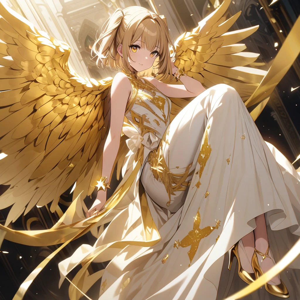 goddess(gold short hair, side-up hair, golden eyes, one-piece long dress, white high heels, golden wings, star-motif bracelet)