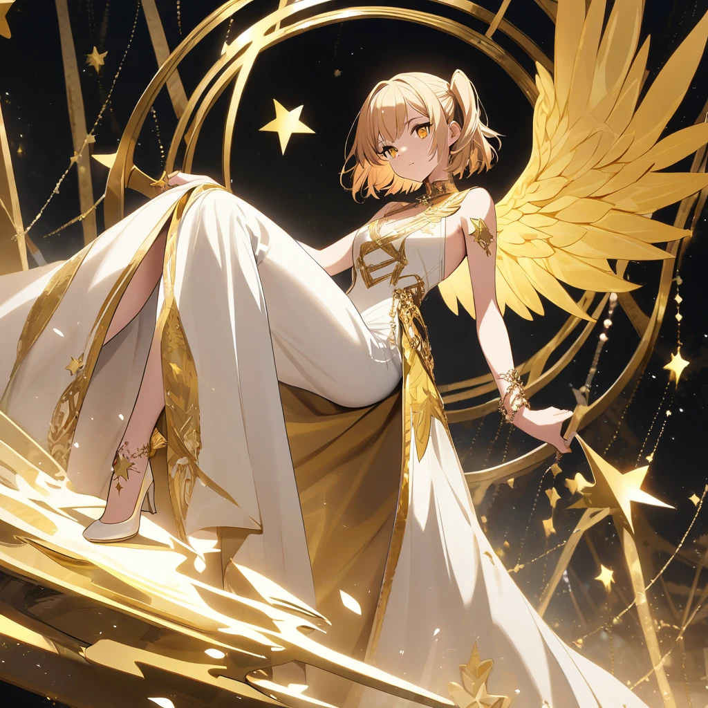 goddess(gold short hair, side-up hair, golden eyes, one-piece long dress, white high heels, golden wings, star-motif bracelet)