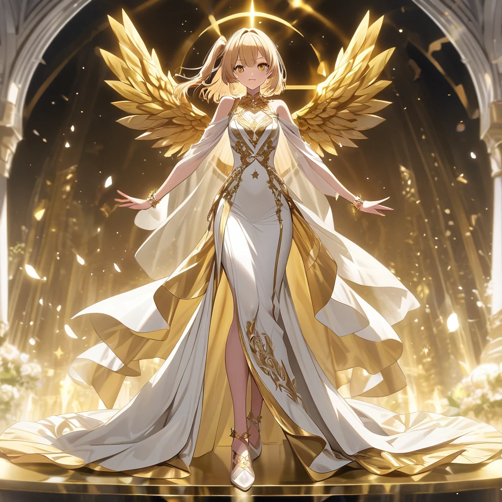 goddess(gold short hair, side-up hair, golden eyes, one-piece long dress, white high heels, golden wings, star-motif bracelet)