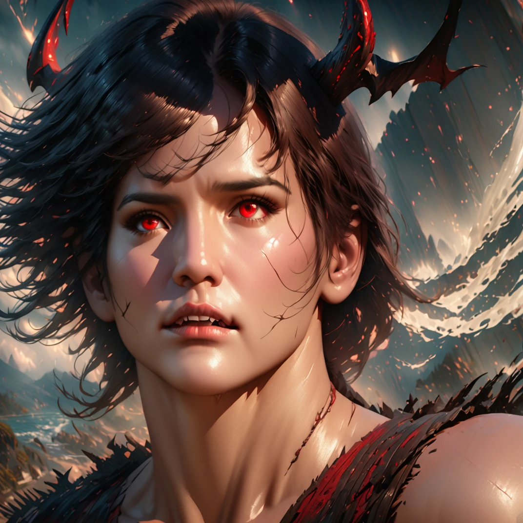a powerful demon with a demonic appearance, glowing red eyes, sharp fangs, muscular body, wearing a dark colored outfit, set in a dark fantasy scene, dramatic lighting, cinematic composition, (best quality,4k,8k,highres,masterpiece:1.2),ultra-detailed,(realistic,photorealistic,photo-realistic:1.37),dark fantasy,horror,digital painting,concept art,intricate details,dramatic lighting,cinematic composition,intense colors,moody atmosphere