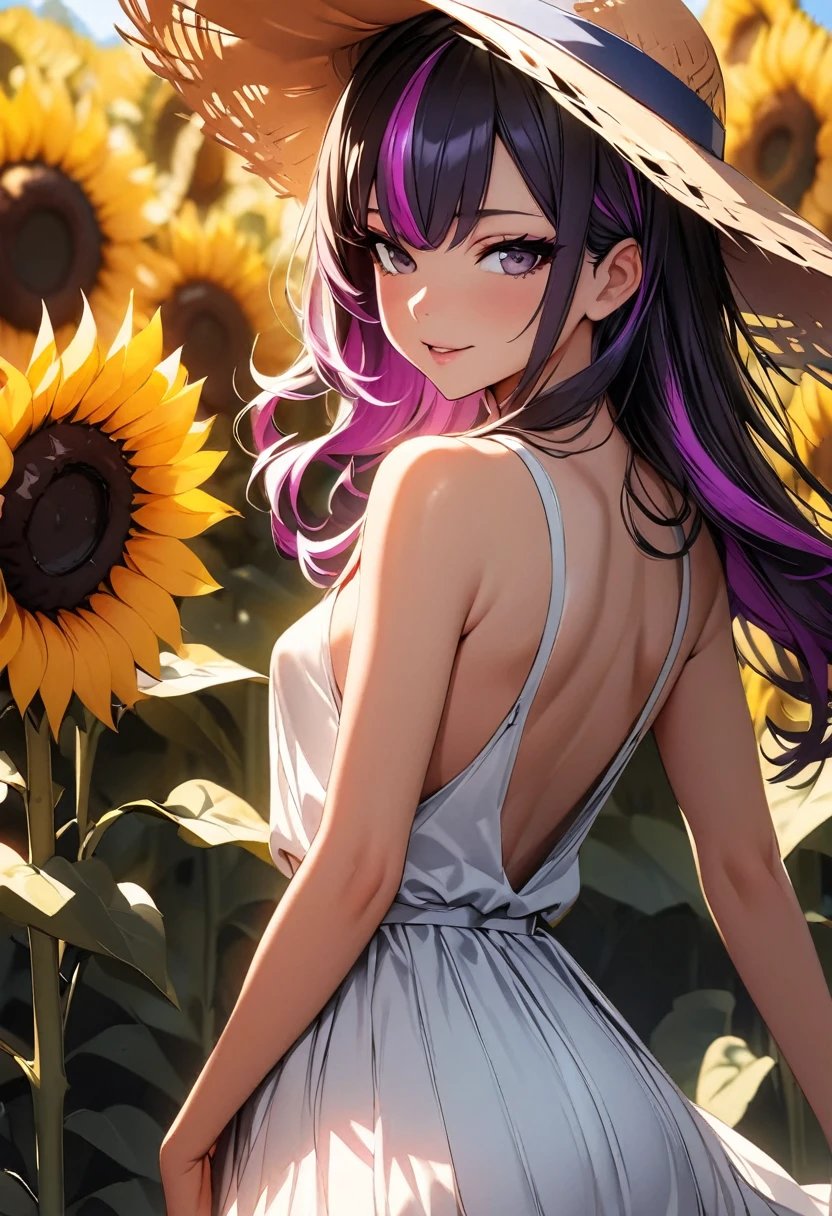 (highest quality:1.2, Very detailed, up to date, Vibrant, Ultra-high resolution, High Contrast, masterpiece:1.2, highest quality, Best aesthetics), Portraiture、girl、Bright colors、Beautiful fine details、Beautiful lip detail、long hair、black and purple ((streaked hair:1.6)), highlights hair: 1.5, rbrown eyes, slim body, small breast, Casual straw hat, white summer dresswith wide open back, (lace:1) , There is a huge sunflower field in the background. Open scenery, sunny day, bright sunlight, looking back, seductive and sexy look, Cowboy shot,
