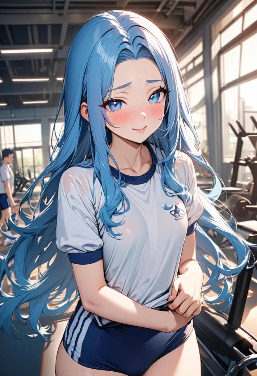 (beautiful detailed cute style), (solo:2, 15 yo), (forehead beautiful detailed blue hair long hair) (best lovely girl, cute blue eyes, glossy lip, best love smile:1.1, small tits), in a gym uniform, navy blue buruma, break, in the school gym, BREAK, perfect anatomy, masterpiece, best quality, 16k, beautiful detailed summer, daydreaming expression.
