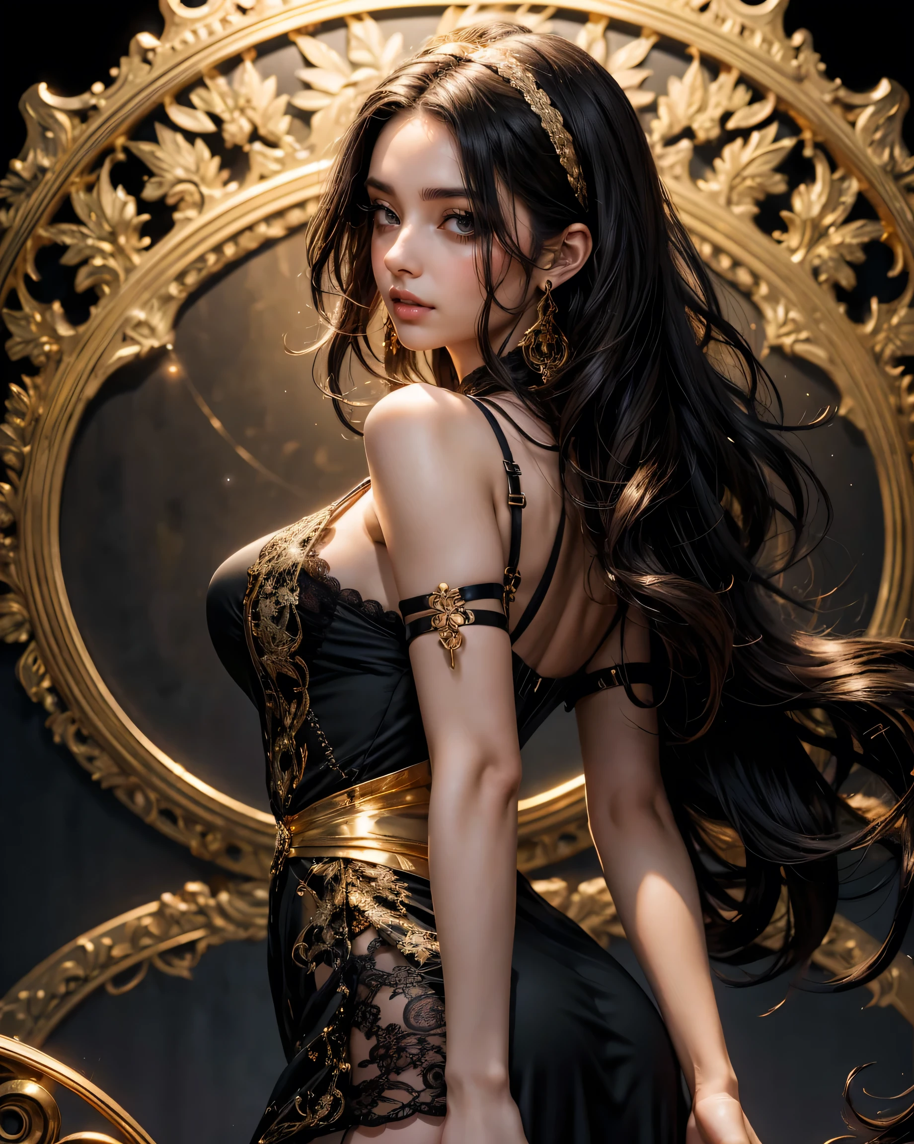 Beautiful brunette woman, 25 years old, stunning body, expressive and clear face, crystal clear eyes, full mouth, long dark curly hair tied behind her head, feshion, (((short black dress with gold details, with straps and lace))) , large breasts, gold jewelry earrings and necklace, ((intricately colored fractal background)), backlight, light falling on the hair from behind, dynamic pose, perfect hands, breathtaking image, 8k, HDR.