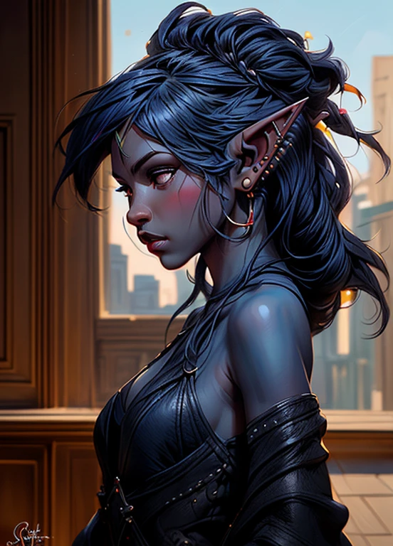 Drow, female, pointed ears, One, elf, long hair, colored leather, White hair, blue skin, Jewelry, earrings, lock of hair, single lock of hair, bare shoulders, profile, upper body, from the outside, signature, piercing, artist name, ear piercing, nose, lips
, ((masterpiece, Best quality)), art by Greg Rutkowski 