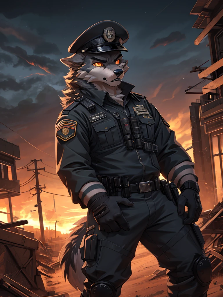 high quality, best quality masterpiece, the best definition add_detail:1 aesthetic and lighting details Wolf male military officer, decorated techwear clothing with officer hat, mature muscular male, serious intense expression, menacing threatening, thick body, dark gray fur, apocalypse landscape, body with tattoo, detailed eyes, pupila amarilla orange eyes  add_detail:1