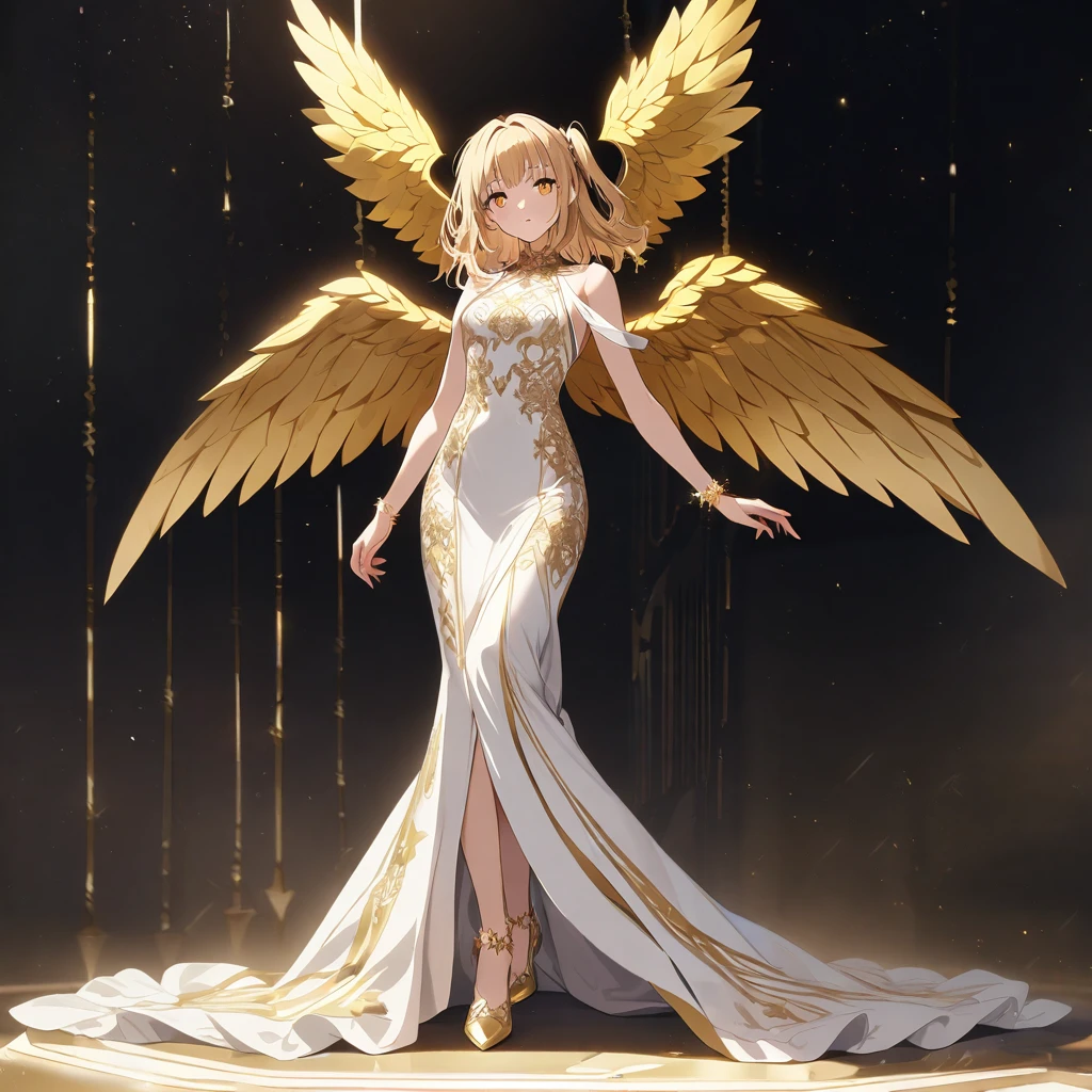 goddess(gold short hair, side-up hair, golden eyes, one-piece long dress, white high heels, golden wings, star-motif bracelet)