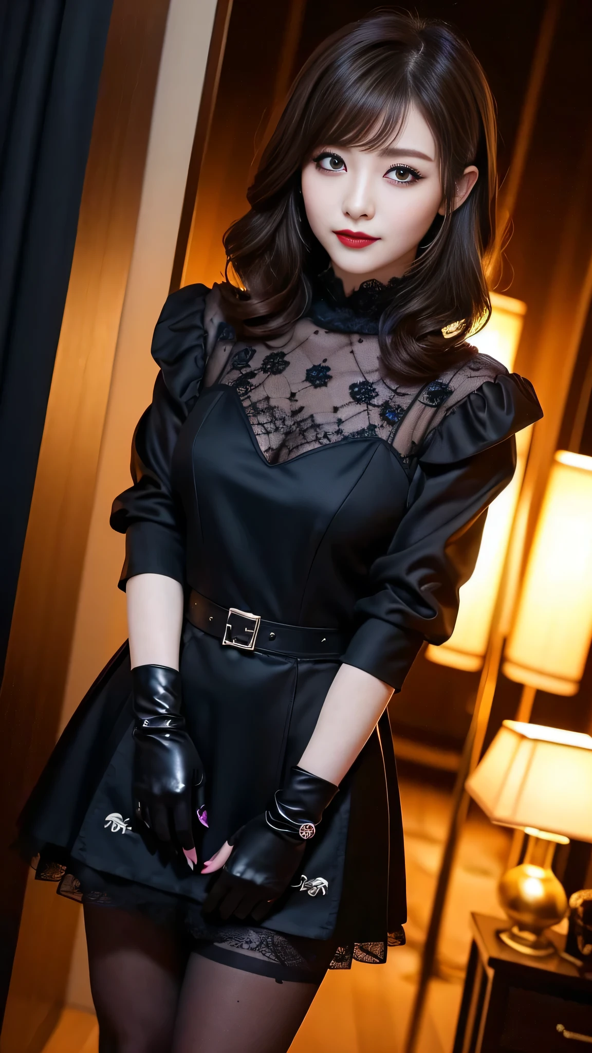 best quality、ultra-detailed、8k、Japanese、Japanese、Seductive beauty、seductive adult woman、Pretty Woman、cool girl、smirk、Wicked Smile、Villainess、brainwash makeup、Brainwashed、brainwash、Fallen into evil、Evil look、evil、Brown hair、wavy hair、swept bangs、dark makeup、piercing eyes、hollow eyes,half-closed eyes、Hollow Eyes、purple Eyeshadow、black lipstick、black lipglos、black elegant dress、wide sleeve、Black flared skirt、lace fabric gloves、Beige Stockings、skin color pantyhose、night、inside darkroom、I have lipstick、Are standing、Look、Offer、shoot from below、Swear allegiance、I have pledged my allegiance、Female Combatant、Evil female executive、brainwashing、Fallen into evil、Fall into Darkness
