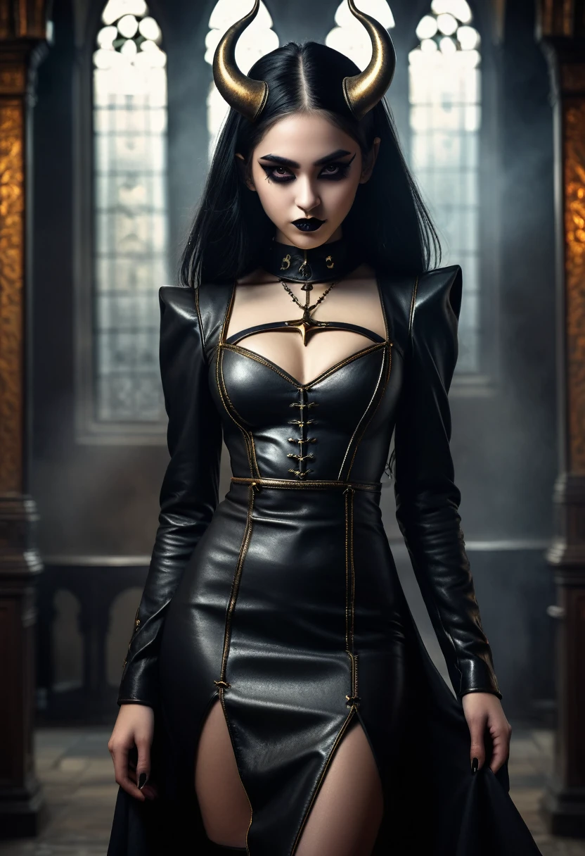 a demon girl in a leather nun dress, golden bustier, black horns, perfect youthful face, mysterious and dark aura, dark fantasy, intricate details, inspired by gothic art, sharp focus, full body shot, cinematic lighting, chiaroscuro, moody atmosphere, dramatic shadows, painterly style, muted color palette, high contrast, detailed textures, gritty grungy, photo-realistic, masterpiece, 8k, best quality