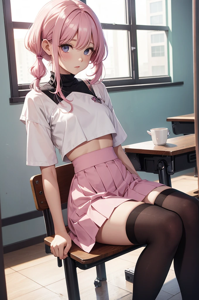 1 pretty woman, short pink hair with pigtails, small waist, skinny, small white crop top, cotton skirt, young ‎Classroom,PH Momo, momohd, phmomo, BREAK black thighhighs,, 