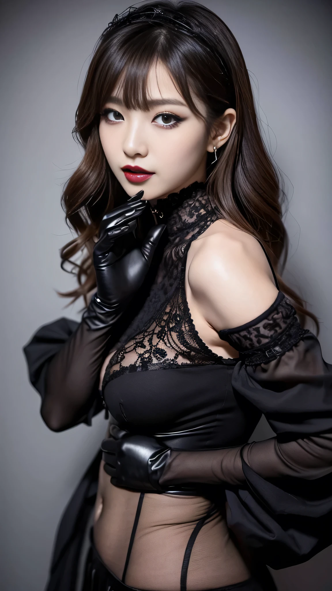 best quality、ultra-detailed、8k、Japanese、Japanese、Seductive beauty、seductive adult woman、Pretty Woman、cool girl、smirk、Wicked Smile、Villainess、brainwash makeup、Brainwashed、brainwash、Fallen into evil、Evil look、evil、Brown hair、wavy hair、swept bangs、dark makeup、piercing eyes、hollow eyes,half-closed eyes、Hollow Eyes、purple Eyeshadow、black lipstick、black lipglos、black elegant dress、wide sleeve、Black flared skirt、lace fabric gloves、Beige Stockings、skin color pantyhose、night、inside darkroom、I have lipstick、Are standing、Look、Offer、shoot from below、Swear allegiance、I have pledged my allegiance、Female Combatant、Evil female executive、brainwashing、Fallen into evil、Fall into Darkness