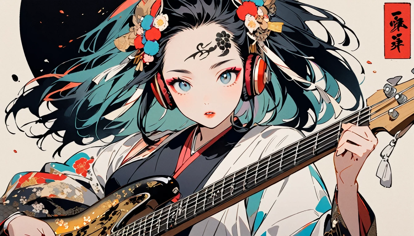 (((Ink Painting))), Fashion portrait color photos, (((1 girl))), (((Playing electric bass))), (((Tattoo in the center of the forehead))), (((Very flashy hair accessories))), (((Very flashy makeup))), Japanese style headphones, front view, Japan人の美少女, Black Hair, Delicate and precise, Modern ukiyo-e style,Japan, Droopy eyes, round face, Fuller lips, vivid color
