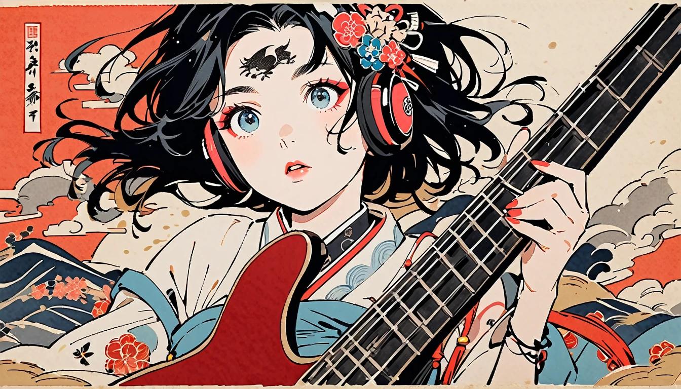 (((Ink Painting))), Fashion portrait color photos, (((1 girl))), (((Playing electric bass))), (((Tattoo in the center of the forehead))), (((Very flashy hair accessories))), (((Very flashy makeup))), Japanese style headphones, front view, Japan人の美少女, Black Hair, Delicate and precise, Modern ukiyo-e style,Japan, Droopy eyes, round face, Fuller lips, vivid color