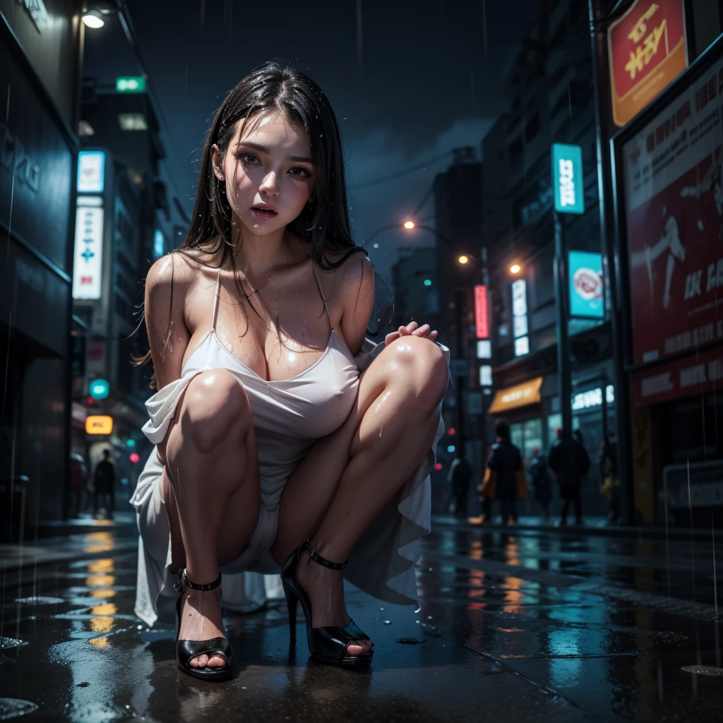 brunette Moscow woman in the rain completely wet, she is wearing a long loose white dress with straps totally wet from the rain, long wet black hair. Nice detailed face, big eyes. Sensual body, curvy body, high heels. detailed. Cyberpunk city raining. Whole body. (1 woman)