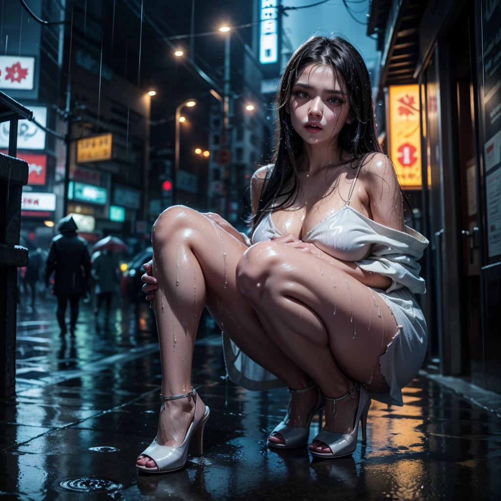 brunette Moscow woman in the rain completely wet, she is wearing a long loose white dress with straps totally wet from the rain, long wet black hair. Nice detailed face, big eyes. Sensual body, curvy body, high heels. detailed. Cyberpunk city raining. Whole body. (1 woman)