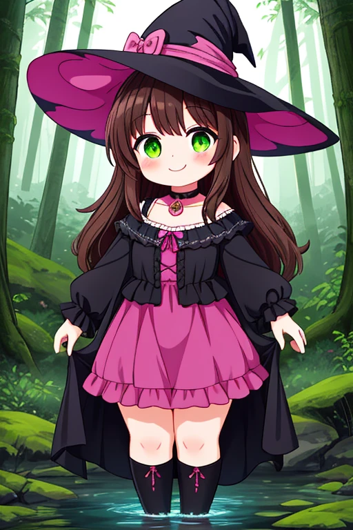 A Cute Witch, (20 Years Old), with Lush Dark-Brown Hair, Beautiful Glowing Green Eyes, and a Short and wider figure. She is wearing a Pink and Magenta Dress, with Green accents, a Worn Black Witch Hat, and is in a Swampy Forest. She is slightly on the Chubbier side, and has a Nice Smile.