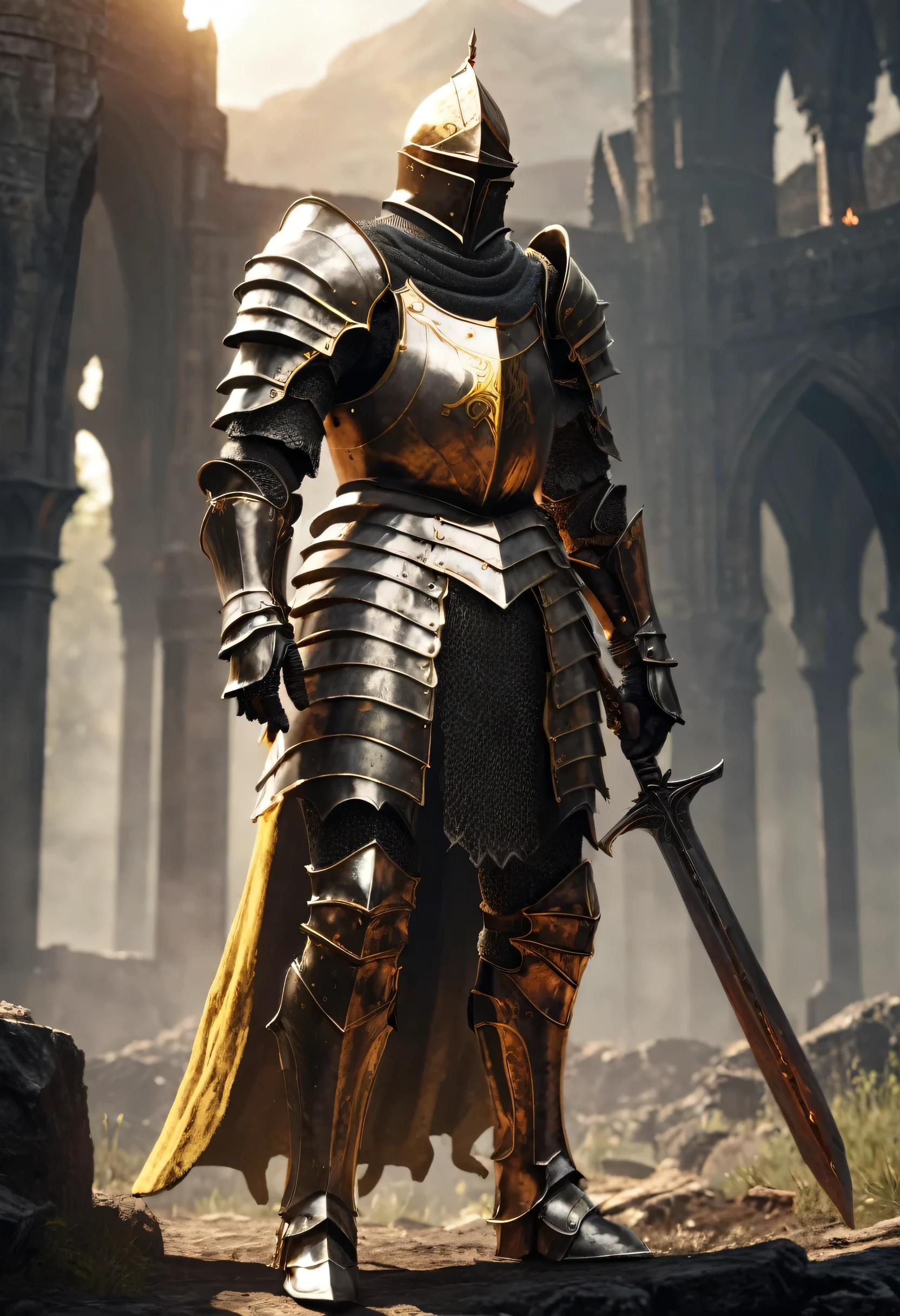 knight wearing battle armor, sun armor, Elden Ring-style