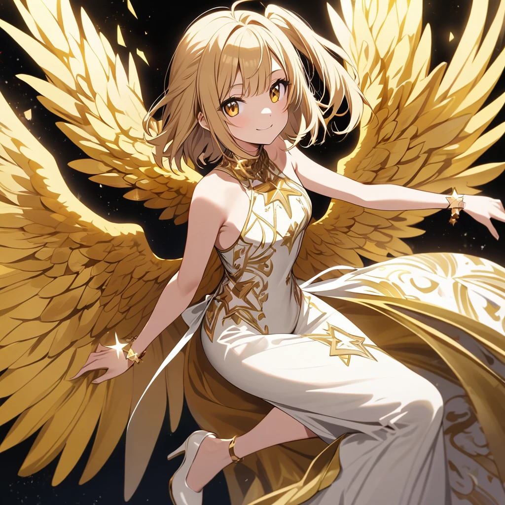 goddess(gold short hair, side-up hair, golden eyes, one-piece long dress, white high heels, golden wings, star-motif bracelet, right smile)