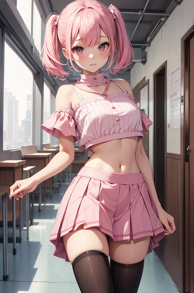 1 pretty woman, short pink hair with pigtails, small waist, skinny, small white crop top, cotton skirt, young Classroom,PH Momo, momohd, phmomo, BREAK black thighhighs,,