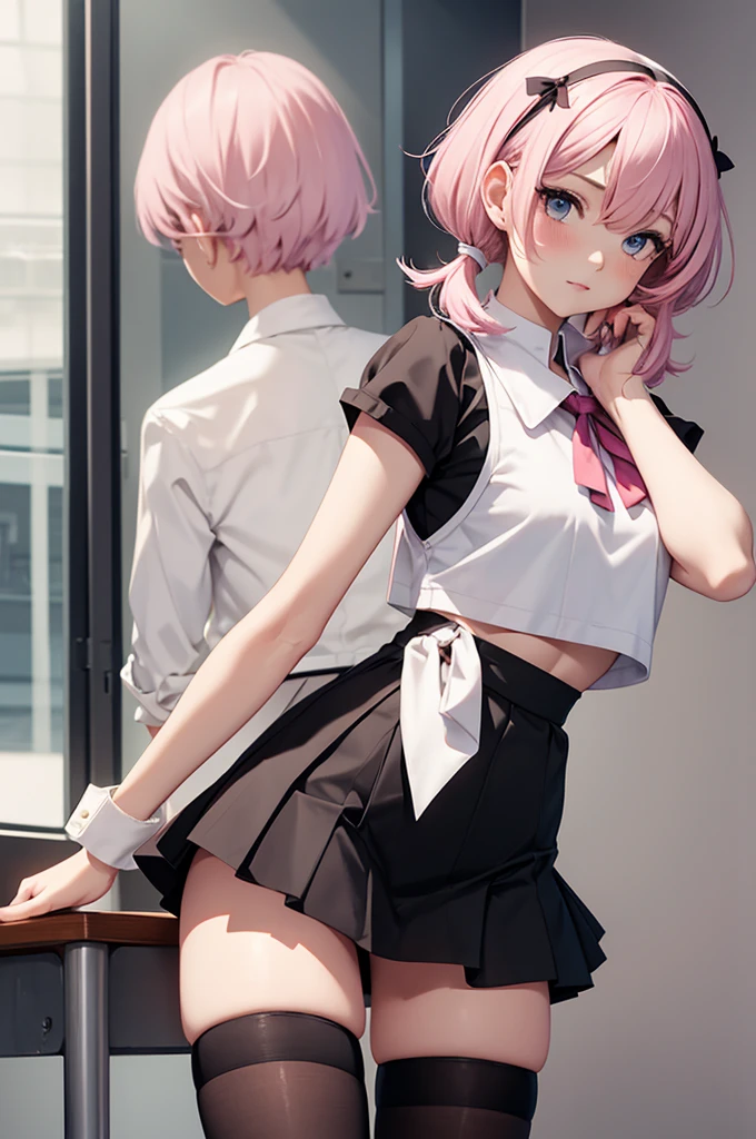 1 pretty woman, short pink hair with pigtails, small waist, skinny, small white crop top, cotton skirt, young Classroom,PH Momo, momohd, phmomo, BREAK black thighhighs,,
