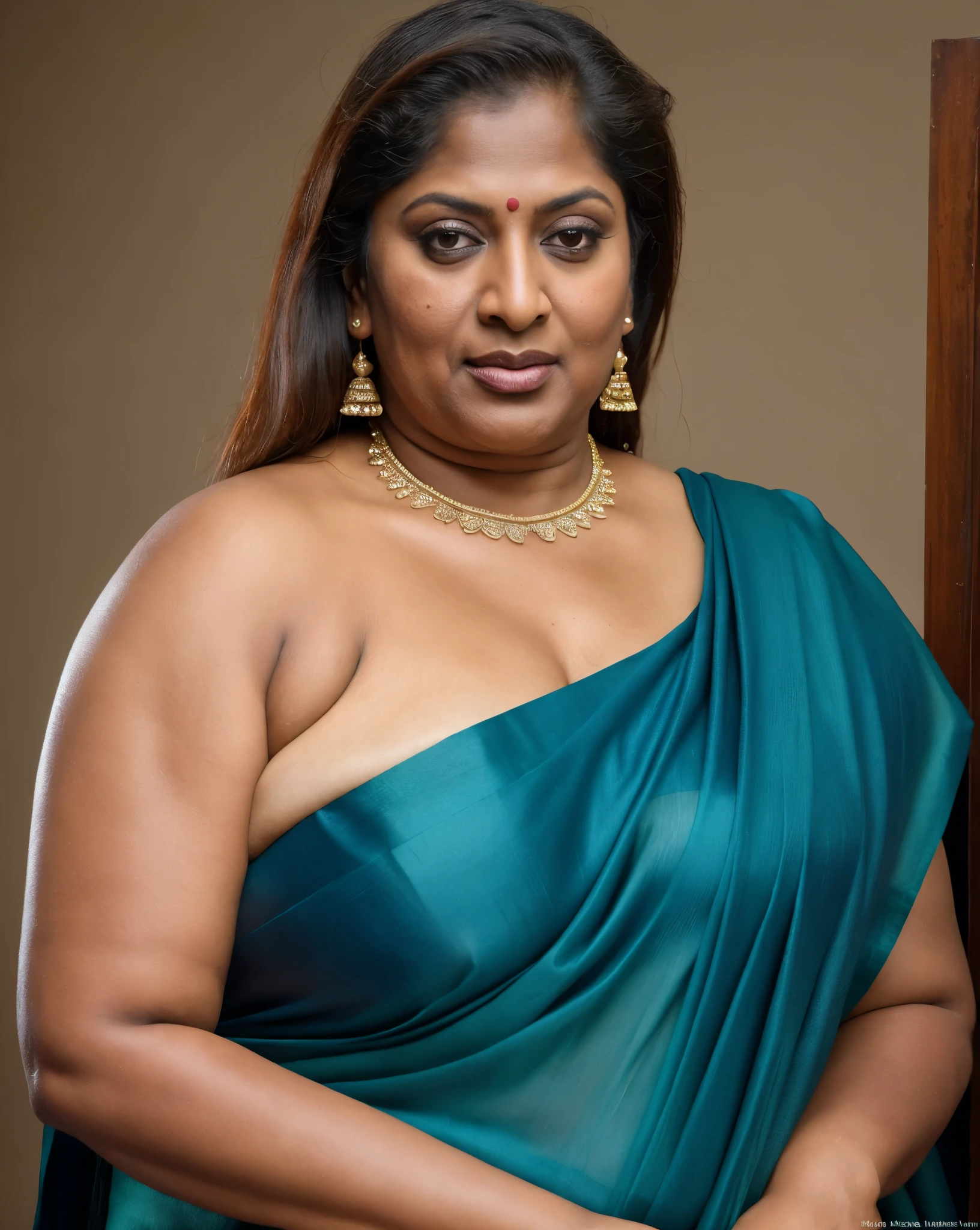 Foto RAW, photorealistic, true milf, mature wrinkles skin, tanlines, photography, full body shot, 70 years old Woman, nadhiya moidu, hot nadhiya mommy, master shot, perfect eyes, goddess like beauty, nadhiya momma, nadhiya amma, pierced eyes, perfect thick chubby mallu Desi aunty bhabhi, Wearing a Stanapatta, a chest-band.Saree model, model Photography, Indian saree shoot, Indian traditional wear advertising photography, traditional wear brand shoot, face of indian chubby milf actress Nadhiya or Nadia Moidu or Nadiya moidu, masterpiece, realistic, realism, incredible details,  pleasure, photorealism, detailed skin, skin pores, high contrast, photorealistic Artstation 8k HD digital art trend of high definition and detailed realistic skin texture, ultra detail, realistic skin texture, armature, best quality, ultra high definition, (photorealistic:1.4),, high resolution, detail, raw photo, sweat, Re sharp, by Lee Jefferies Nikon D850 Film Stock Photo 4 Kodak Portra 400 Camera F1.6 Lens Rich Color Ultra Real Realistic Realistic Textures Dramatic Lighting Unreal Engine Trending at Art Station Cinestill 800,(pele altamente detalhada: 1.2), 8k UHD, DSLR, soft-lighting, alta qualidade, grain of film, Fujifilm XT3,she didn't like to wear blouse or bra, she is happy to wear only saree, she hates blouse or bra, detailed hairy armpits, hyper realistic skin, skin pores, sweat, veins on the body, skin texture, freckles 0.2, RAW photo, astounding details, professional fashion photography, photographed by master photographer, insane skin texture details, bulky figure, plus size Indian aunty, chubby Indian housewife,  Indian desi Mature widow aunty, queen of seduction, tempting jiggly figure, appealing body language, she wants to alleviate his loneliness, she wants to be a sugarmommy, mature aged beauty, true mature goddess, visible few wrinkles stretchmarks, few tanlines in her face, She is the mother of four sons, 