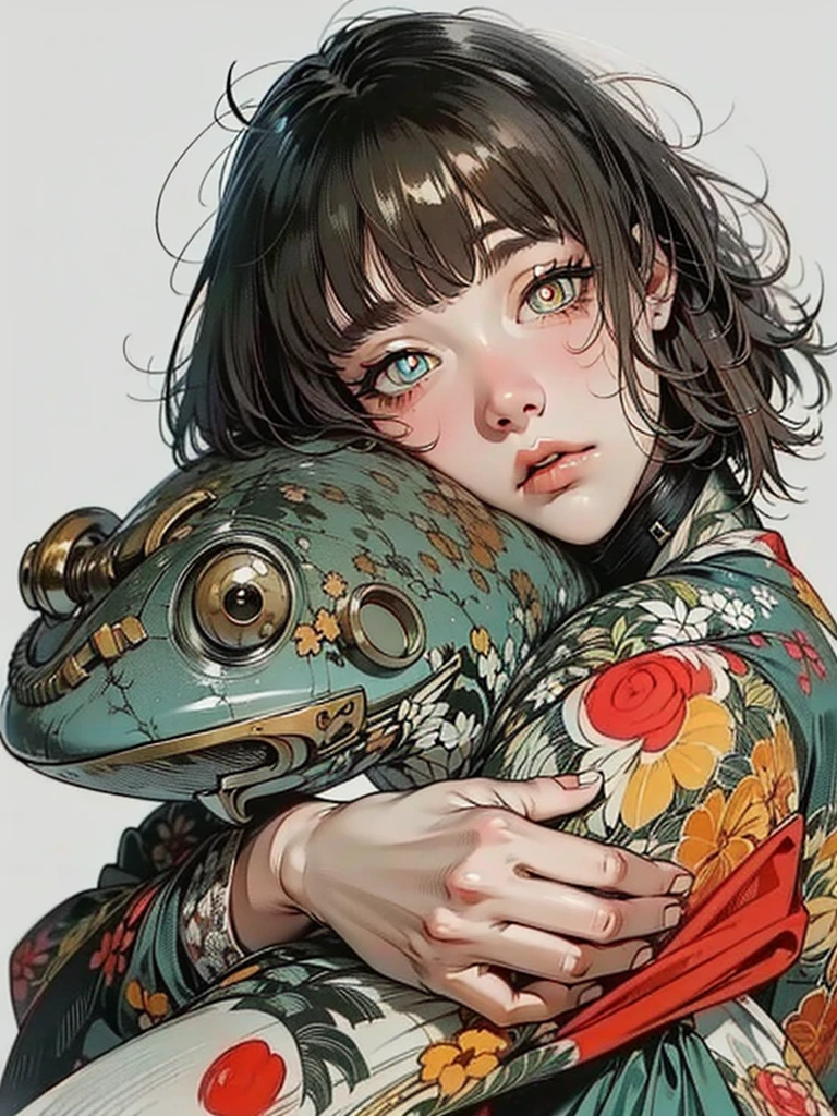 (8K wallpaper unified with super definition CG, work of art, Maximum quality, super definition), (delicate and beautiful mind), (looking ahead at viewer), (Eye height: 1.4), lifeless eyes. water colour. White background, whole body. (hair with blunt bangs:1.2), {slickedback hair}, (bronze hair: 1.2), (white pupils: 1.4), Your eyes are dead. She is wearing a charcoal gray casual dress. (really short hair:1.8)