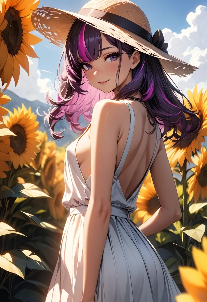 (highest quality:1.2, Very detailed, up to date, Vibrant, Ultra-high resolution, High Contrast, masterpiece:1.2, highest quality, Best aesthetics), Portraiture、girl、Bright colors、Beautiful fine details、Beautiful lip detail、long hair、black and purple ((streaked hair:1.6)), highlights hair: 1.5, rbrown eyes, slim body, small breast, Casual straw hat, white summer dresswith wide open back, (lace:1) , There is a huge sunflower field in the distant background. Open scenery, blue sky, sunny day, bright sunlight, looking back, seductive and sexy look, Cowboy shot,