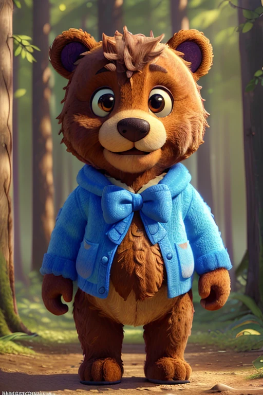 cute teddy bear with a kind smiling face, big blue bow, yellow belly, forest background, watercolor, (best quality,4k,8k,highres,masterpiece:1.2),ultra-detailed,(realistic,photorealistic,photo-realistic:1.37),intricate details,soft lighting,warm color palette,whimsical, vibrant colors