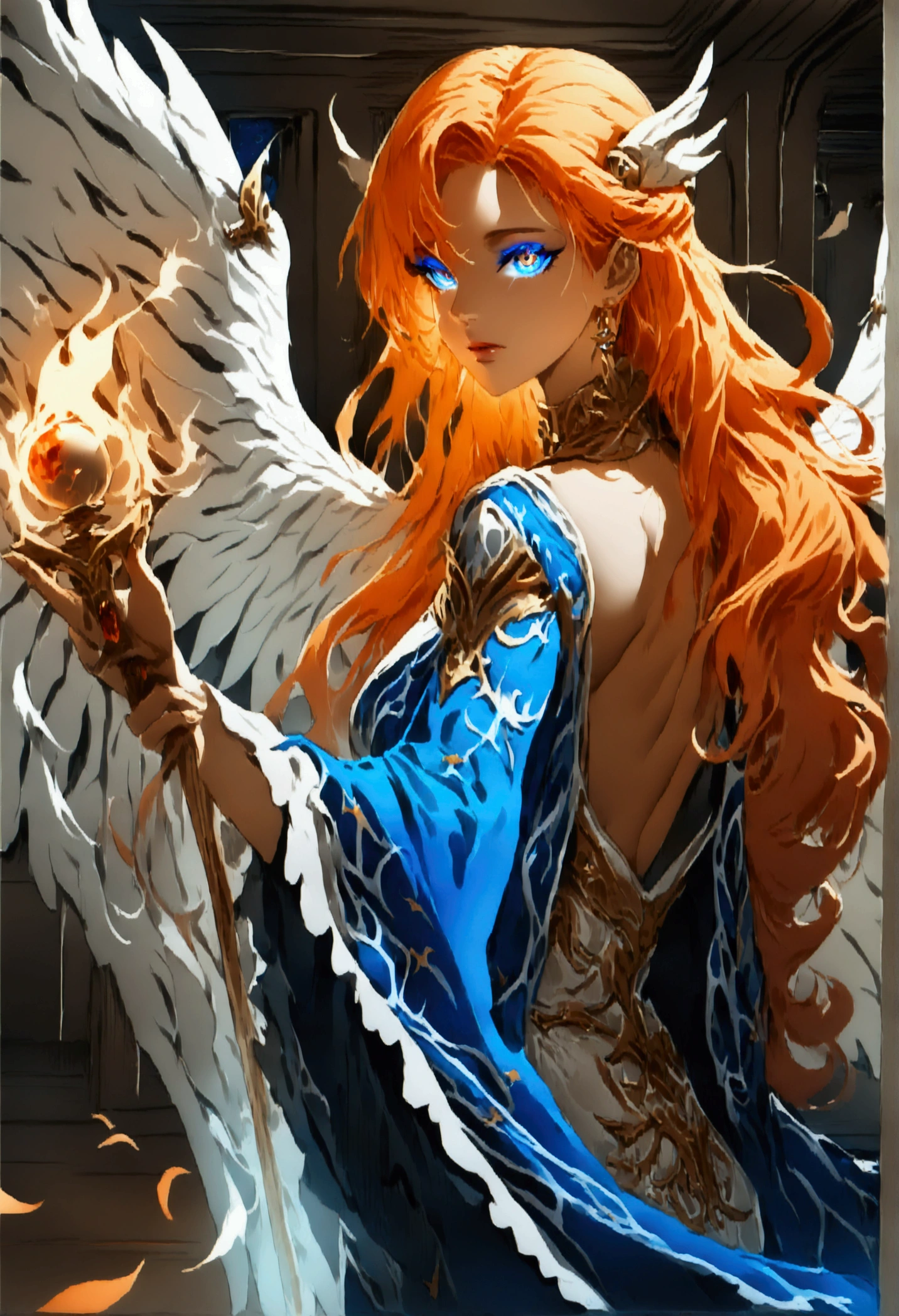 a picture  female aasimar sorceress casting a fire spell,  exremley beautiful female aasimar, orange hair, long hair, wavy hair, dynamic eyes color, angelic eyes, radiant magical eyes, ultra detailed face, spread angelic wings, white angelic wings, wearing dynamic color robe, wearing blue cloak, long cloak, flowing cloak with fire motifs,  armed with magical staff,  manipulating fire magical energy, vibrant, Ultra-high resolution, High Contrast, (masterpiece:1.5), highest quality, Best aesthetics), best details, best quality, highres, 16k, [ultra detailed], masterpiece, best quality, (extremely detailed) RAW, fantasy art, dnd art, angel_wings